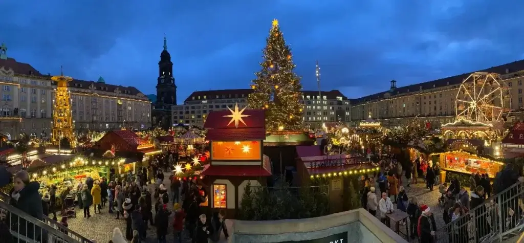 Panorama view across Striezelmarkt, the oldest of Dresden's Christmas markets.