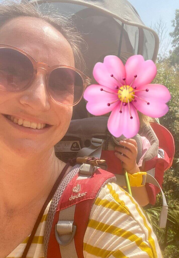 Photo of me wearing my Deuter Kid Comfort backpack