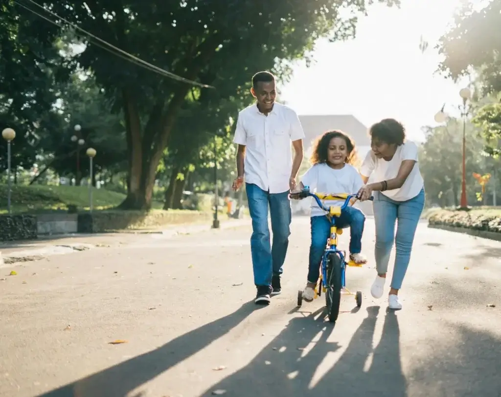 A family after their international relocation, teaching their daughter to ride her bike in their new street.